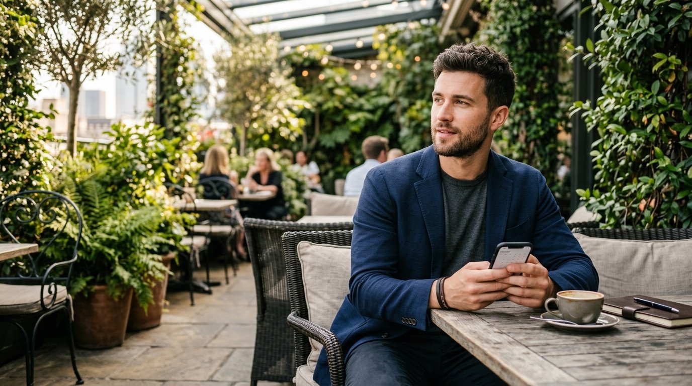 Texting etiquette when dating an older woman - gentleman checking messages in cafe