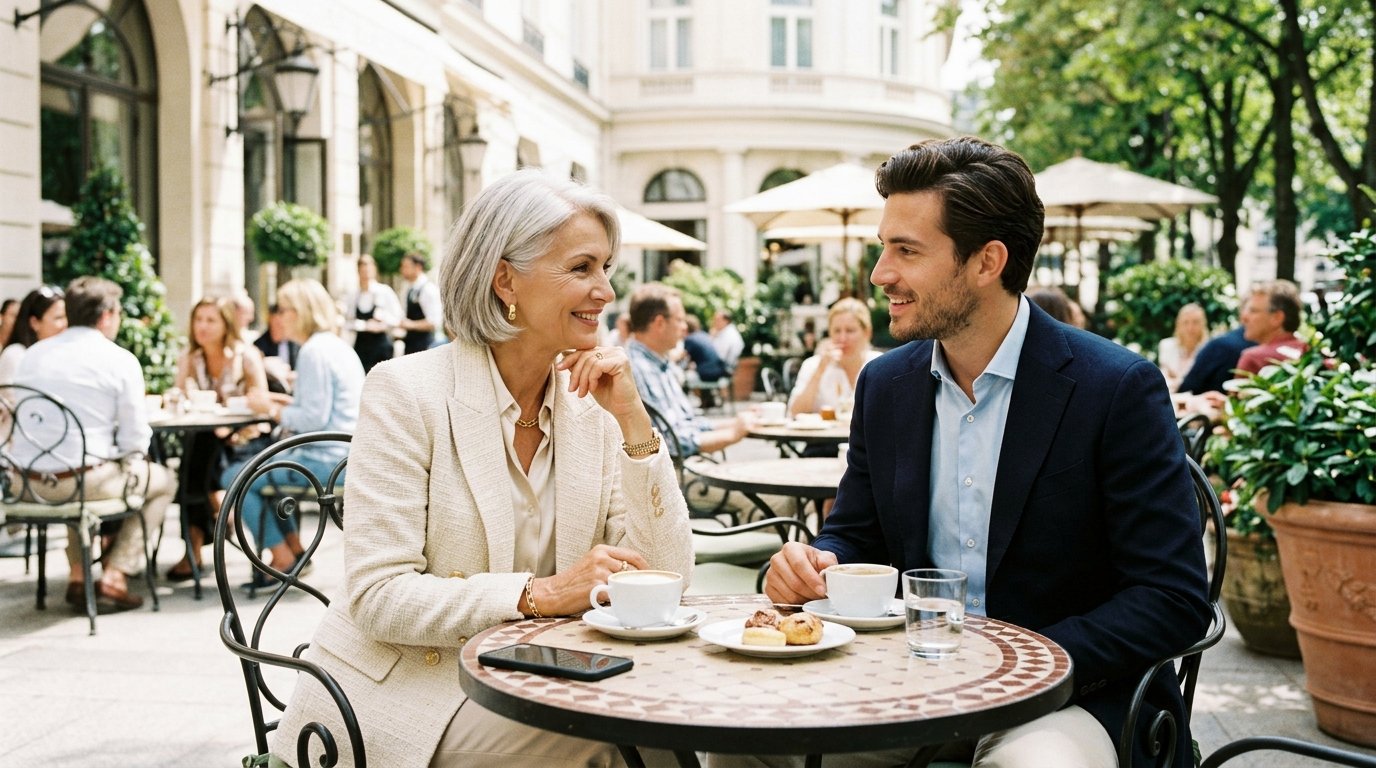 First date safety checklist - couple enjoying coffee on outdoor hotel cafe terrace