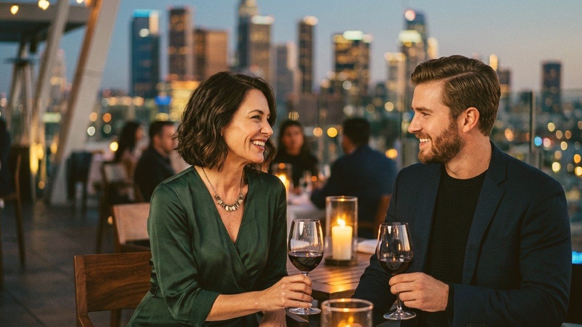 High-society mature woman and handsome younger gentleman toasting champagne with Burj Khalifa skyline views in Dubai