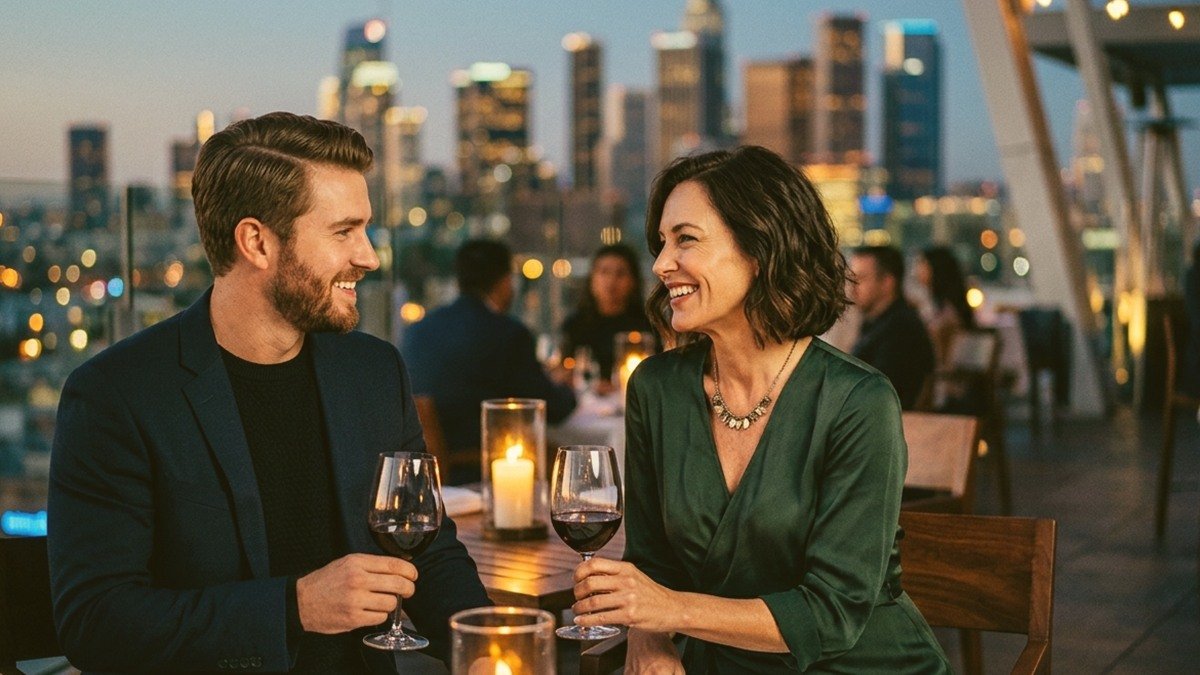 Glamorous mature woman in evening wear and handsome younger gentleman toasting champagne overlooking the Las Vegas Strip