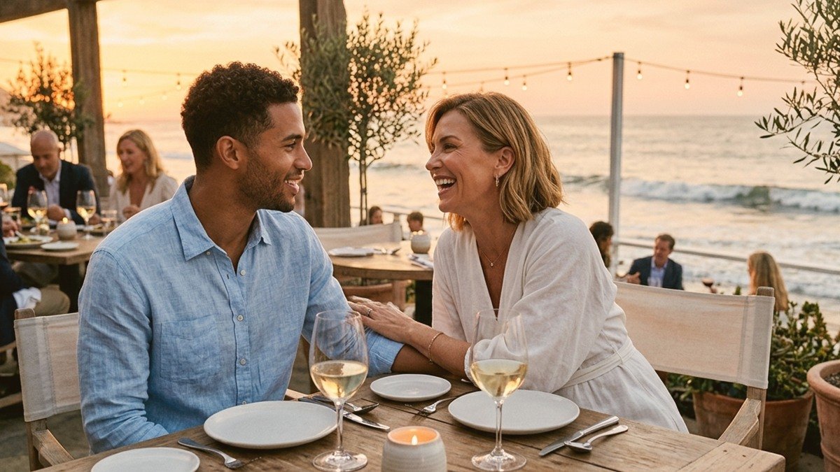 Radiant mature woman and attractive younger gentleman enjoying sunset dinner on a South Beach oceanfront patio in Miami