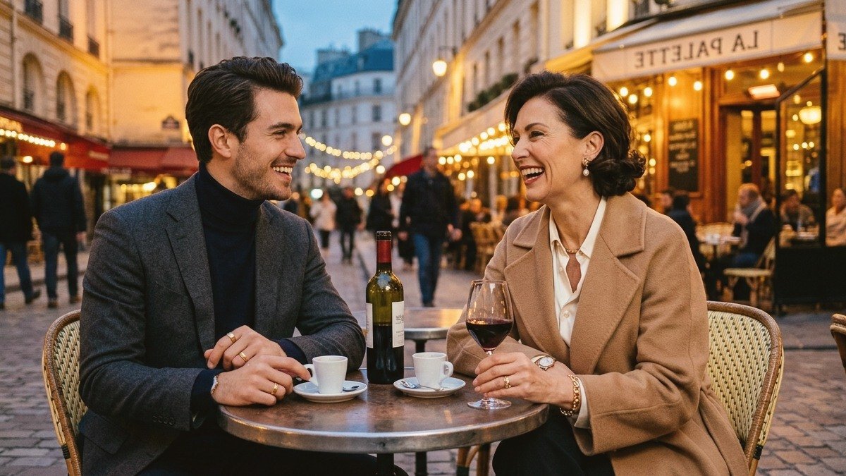 Chic mature French-Canadian woman and stylish younger companion sharing espresso at an Old Montreal outdoor cafe in Canada