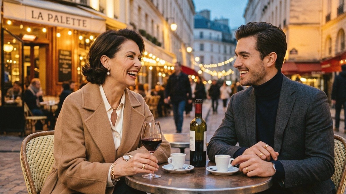 Chic French mature woman in camel coat and stylish younger companion sharing espresso at a Parisian outdoor cafe in France