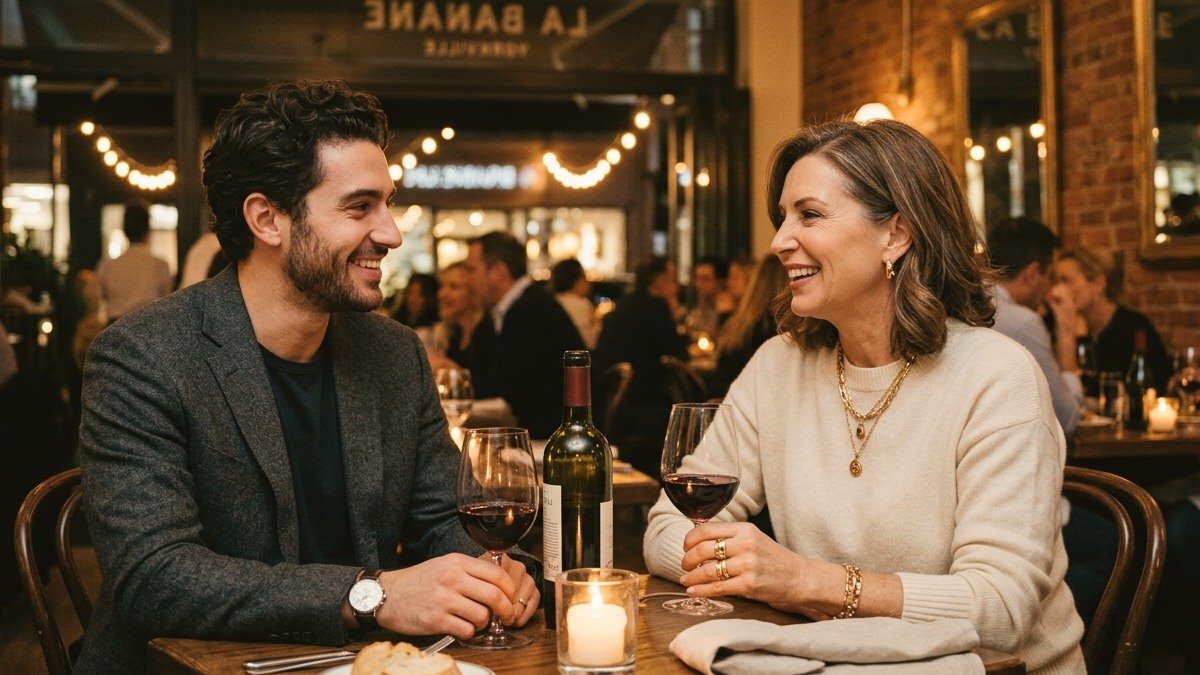 Sophisticated mature woman and handsome younger man sharing candlelit wine at a luxury Nob Hill bistro in San Francisco