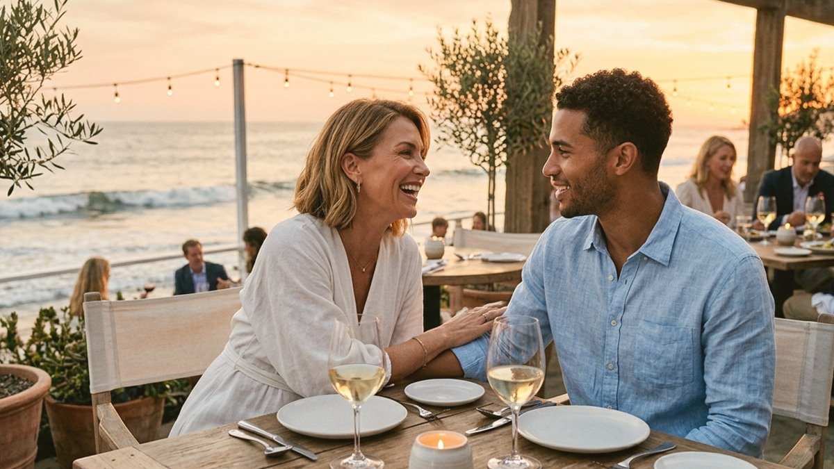 Vibrant Israeli mature woman and handsome younger gentleman enjoying Mediterranean coastal dining on a beachfront terrace in Tel Aviv