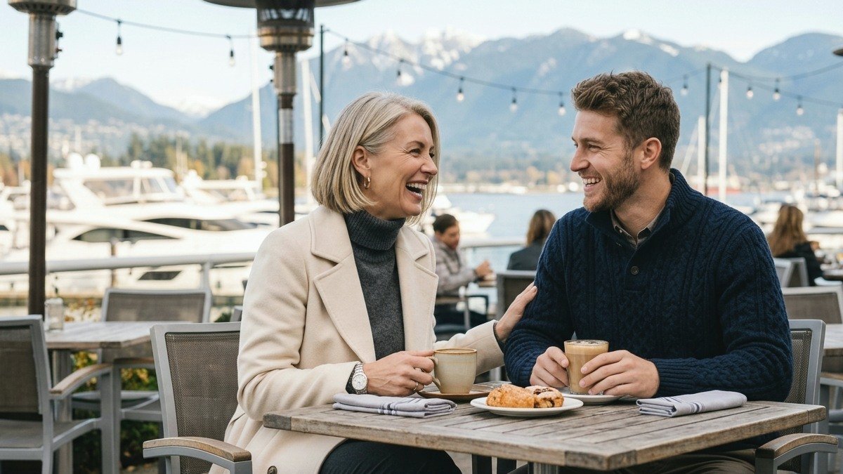 Elegant Canadian businesswoman in cream cashmere coat and handsome younger man sharing warm coffee on a Vancouver waterfront terrace