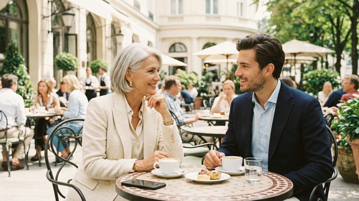 Poised Austrian mature woman and handsome younger gentleman enjoying afternoon cappuccino on a grand cafe terrace in Austria