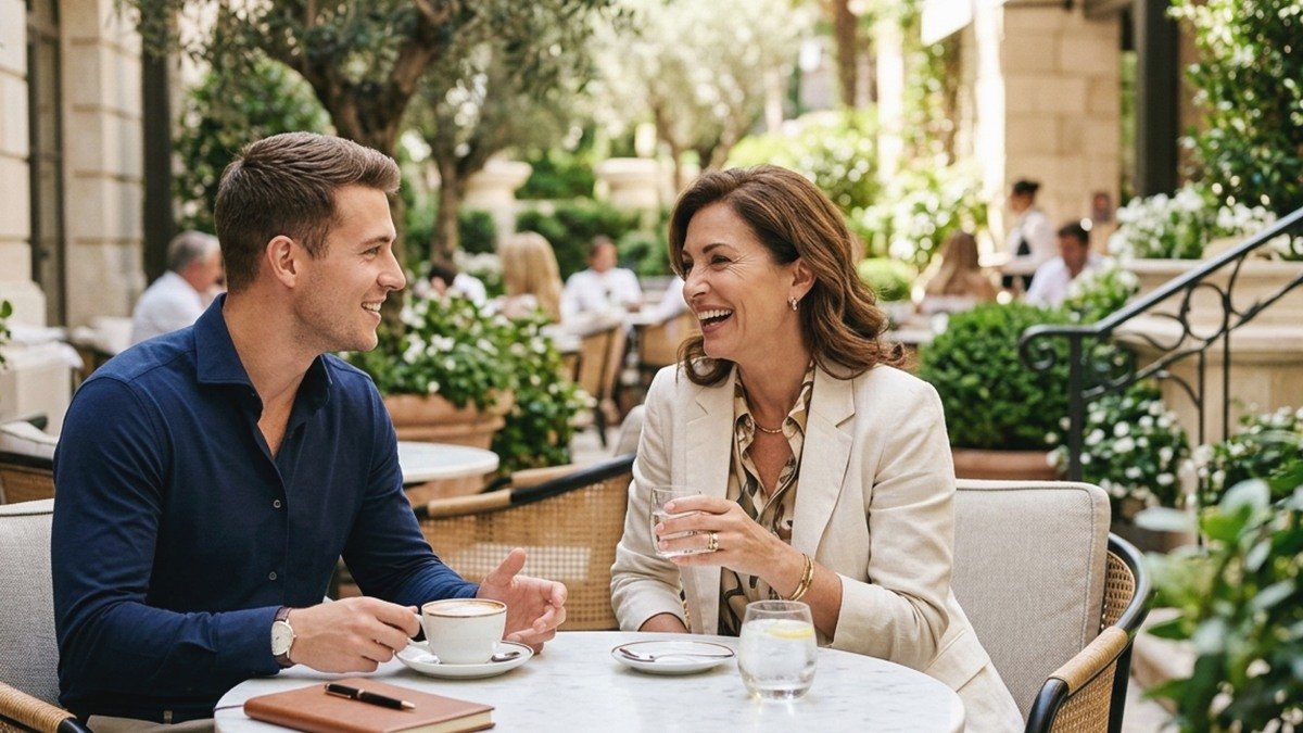 Stylish Danish mature woman and charming younger gentleman conversing at a sleek waterfront cafe in Denmark
