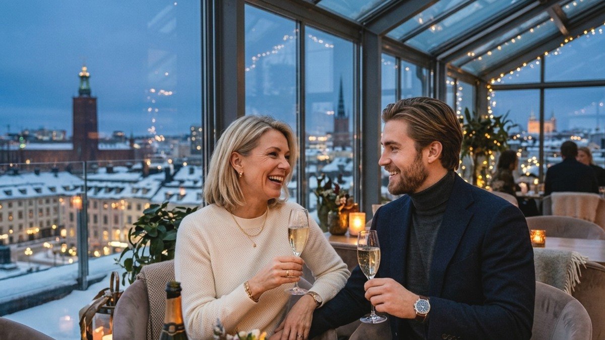 Poised Finnish mature woman and thoughtful younger partner sharing wine in a modern Scandinavian glass pavilion in Finland