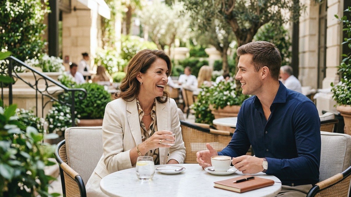 Glamorous Greek mature woman and younger companion dining on a sun-drenched outdoor terrace overlooking the sea in Greece