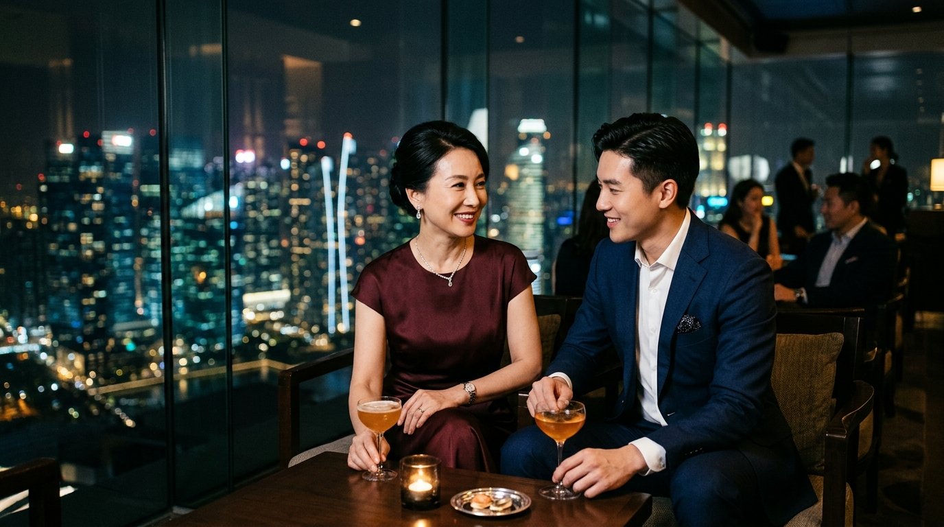 Sophisticated Japanese mature woman in burgundy silk and younger gentleman enjoying evening drinks overlooking Tokyo skyline in Japan