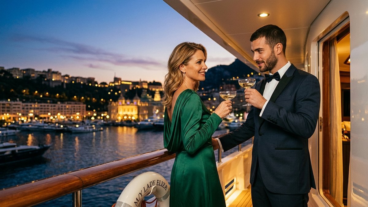 Glamorous mature high-society woman in emerald evening dress and handsome younger gentleman in tuxedo toasting champagne on a yacht overlooking Monte Carlo