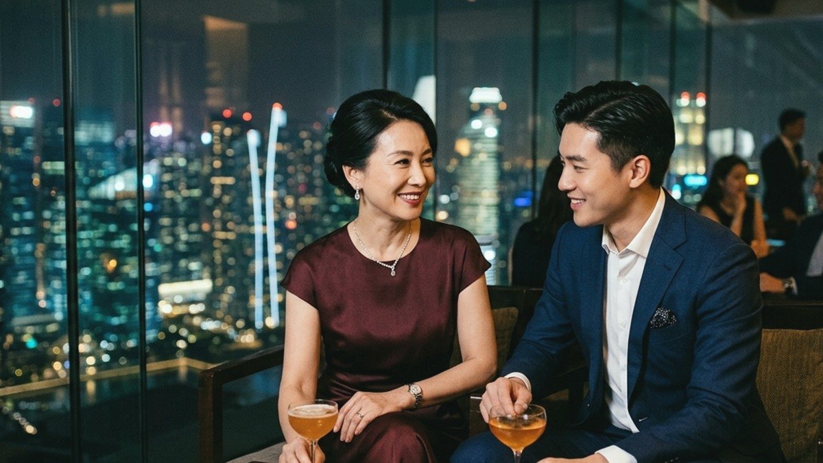 Glamorous Singaporean mature woman and younger partner sharing an intimate dinner on a lush rooftop garden terrace in Singapore