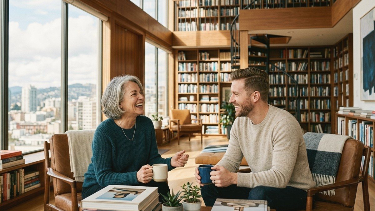 Distinguished Swiss mature woman and younger companion laughing over coffee in a sunlit alpine penthouse library in Switzerland