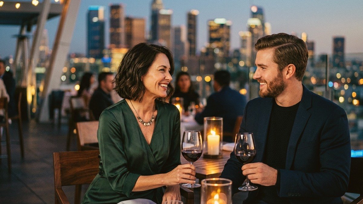 Sophisticated British mature woman and younger gentleman toasting wine glasses on a private evening terrace in the United Kingdom
