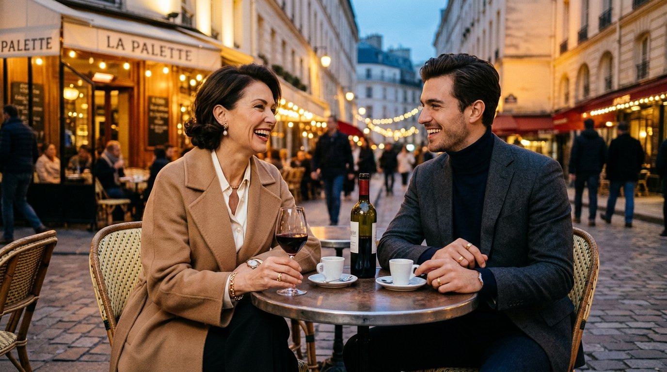 How to keep conversations engaging online - romantic mature woman and younger man by European historic palace