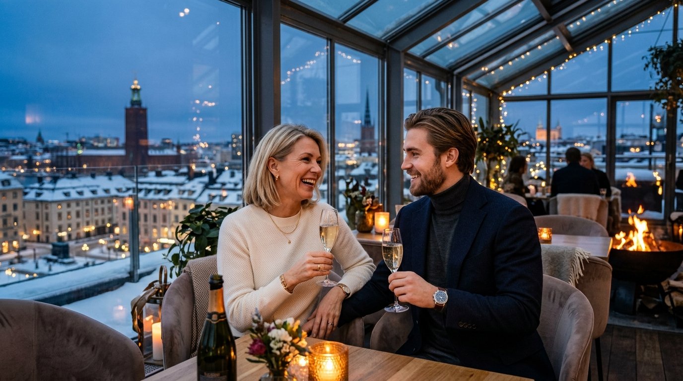 Best profile pictures for age-gap dating - chic mature woman and well-groomed younger man in Nordic setting